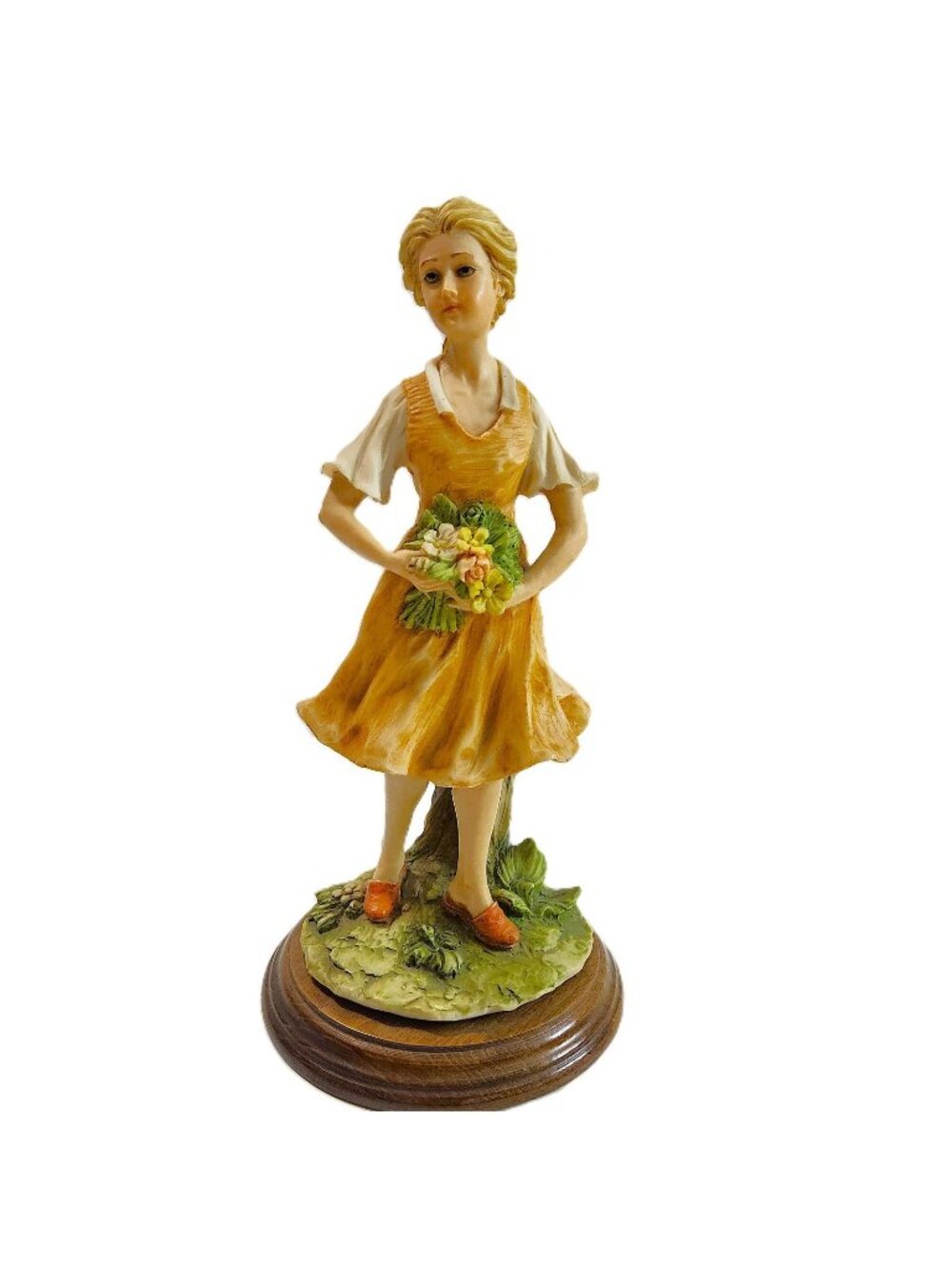 Vintage Capodimonte Young Girl Figurine w/ Flowers Wood Base Hand Painted 11"